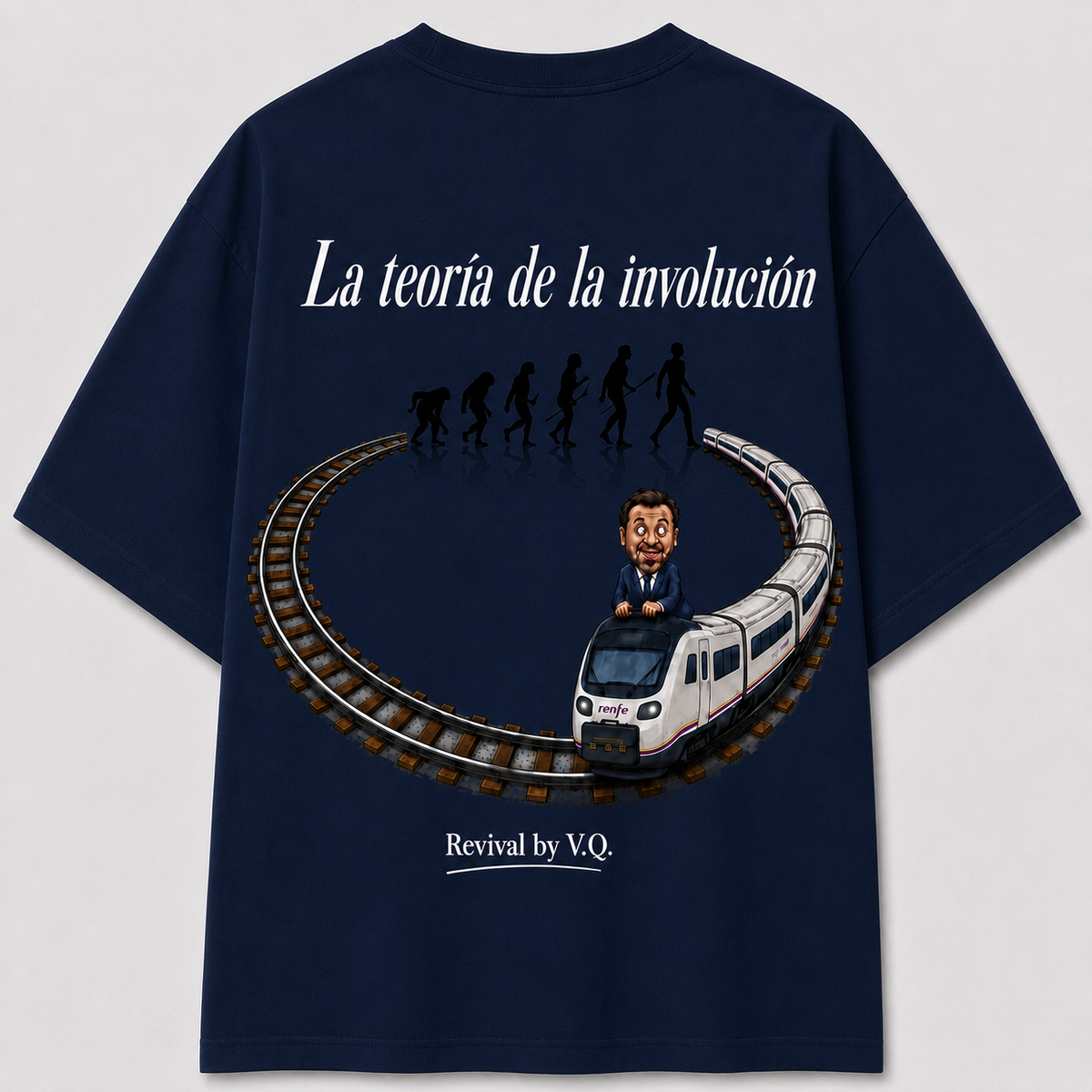 Camiseta LA TEORÍA DE LA INVOLUCIÓN de REVIVAL, vista trasera, oversize azul marino